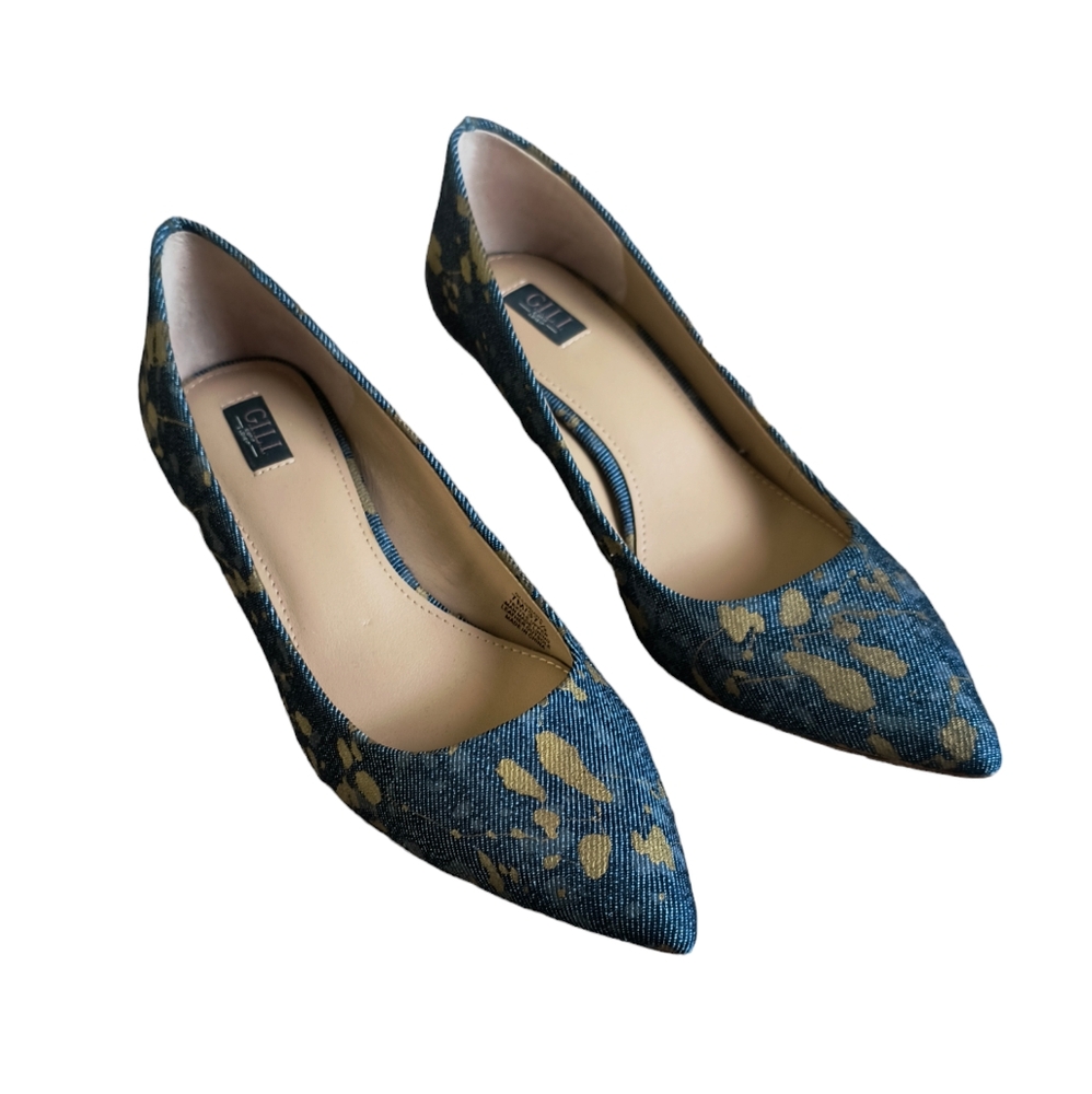 G.I.L.I. Blue Jean Textile Gold Splattered Pointed Toe Pumps Women's size 7